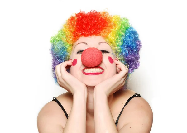 Close Portrait Happy Adult Woman Clown Costume Isolated White — Stock Photo, Image