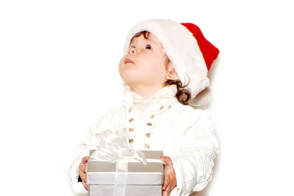 Portrait Adorable Little Girl Santa Hat Isolated White — Stock Photo, Image