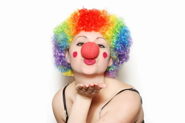 Close Portrait Happy Adult Woman Clown Costume Isolated White — Stock Photo, Image