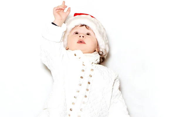 Portrét Rozkošné Holčičky Santa Klobouku Izolované Bílém — Stock fotografie