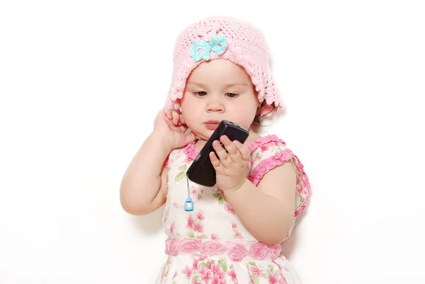 Portret Van Schattig Klein Meisje Met Telefoon Geïsoleerd Wit — Stockfoto