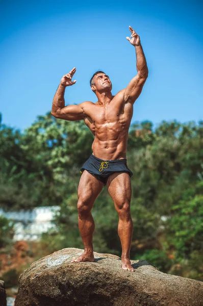 Guapo Atleta Masculino Posando Sobre Rocas — Foto de Stock