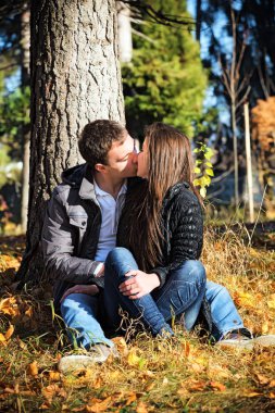 Genç çift öpüşme sonbahar öğleden sonra parkta seviyorum. 