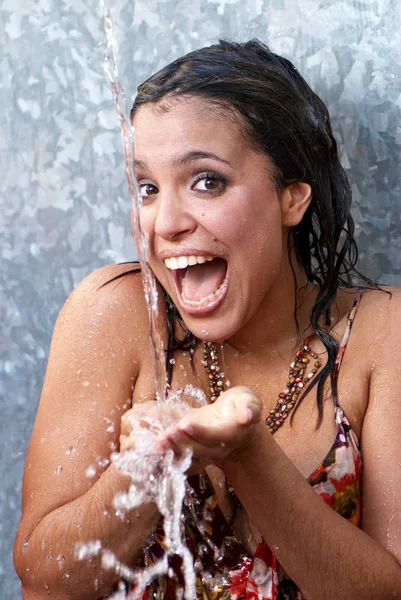 Young Emotional Latin Woman Water Stream — Stock Photo, Image