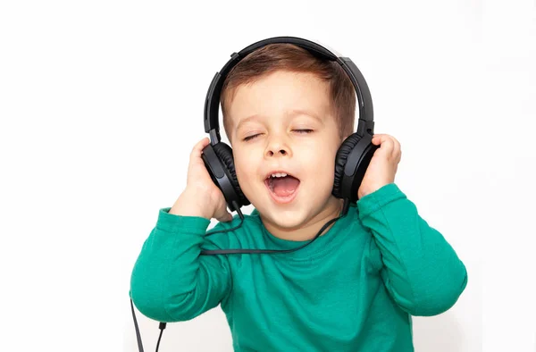 Emotional Boy Headphones Light Background — Stock Photo, Image