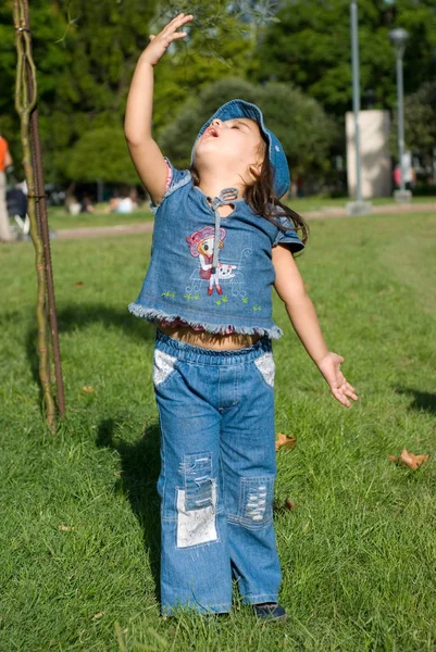 Cute Little Girl Denim Green Meadow — Stock Photo, Image