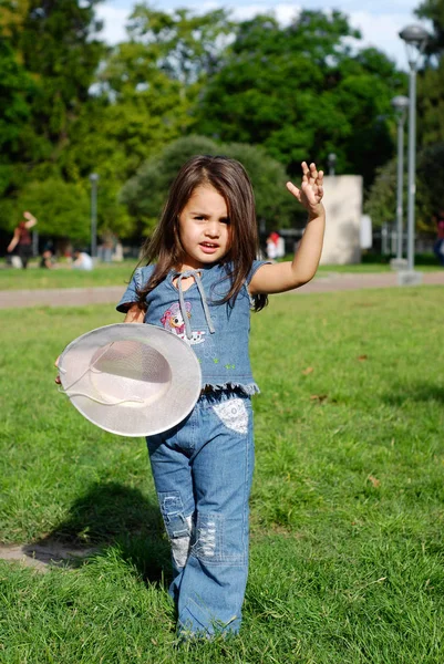 Cute Little Girl Denim Green Meadow — Stock Photo, Image