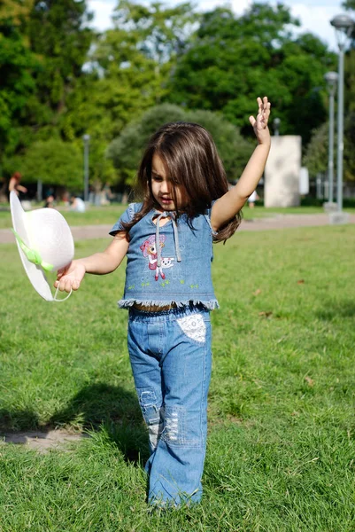 Cute Little Girl Denim Green Meadow — Stock Photo, Image