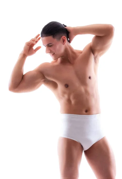 Homem Atlético Bonito Muito Muscular Fundo Branco — Fotografia de Stock