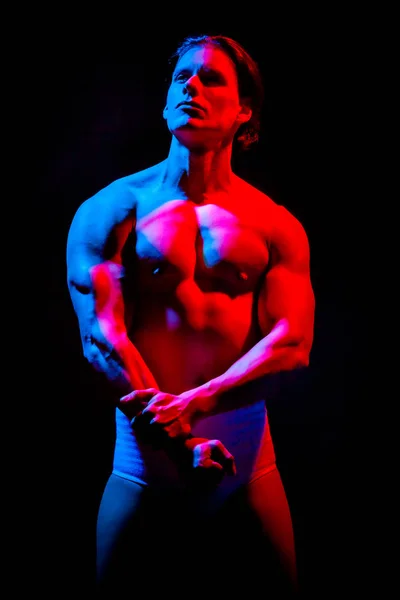 Very Muscular Handsome Athletic Man Painted Red Blue Light Black — Stock Photo, Image