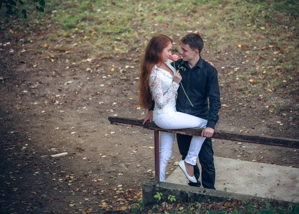 Amor e carinho entre um jovem casal no parque — Fotografia de Stock