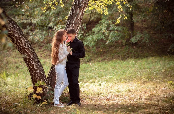 Kärlek och ömhet mellan ett ungt par på park — Stockfoto