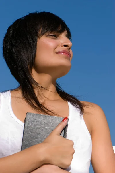 Portrait Young Brunette Woman Holding Notebook Hands — Stock Photo, Image