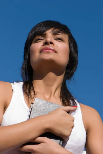 Portrait Young Brunette Woman Holding Notebook Hands — Stock Photo, Image