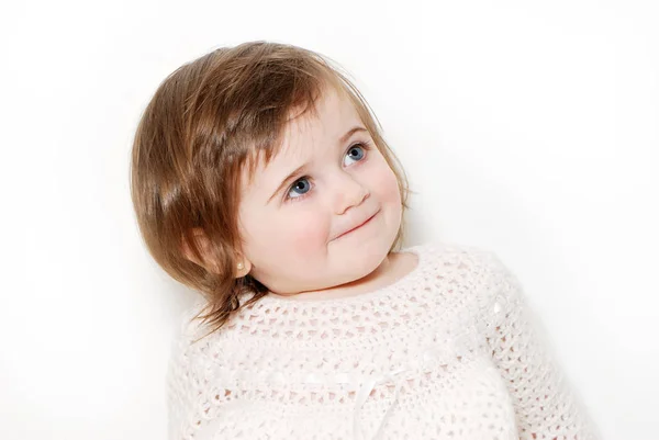 Little Girl White Woolen Dress White Background — Stock Photo, Image