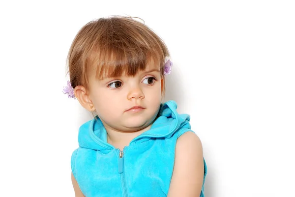 Portrait Little Cute Girl Blue Coat White Background — Stock Photo, Image