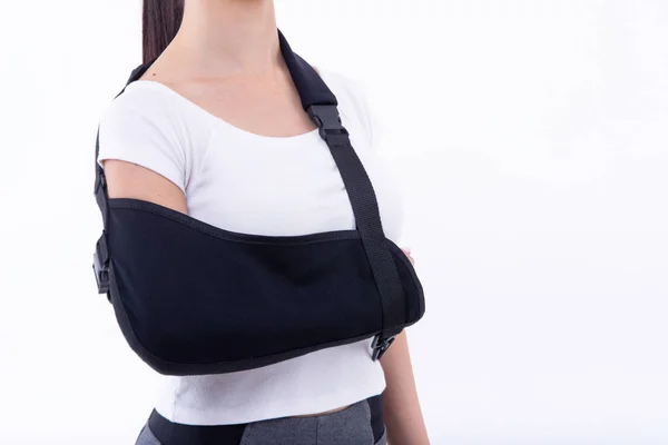 Woman Broken Hand Wearing Arm Brace White Background — Stock Photo, Image