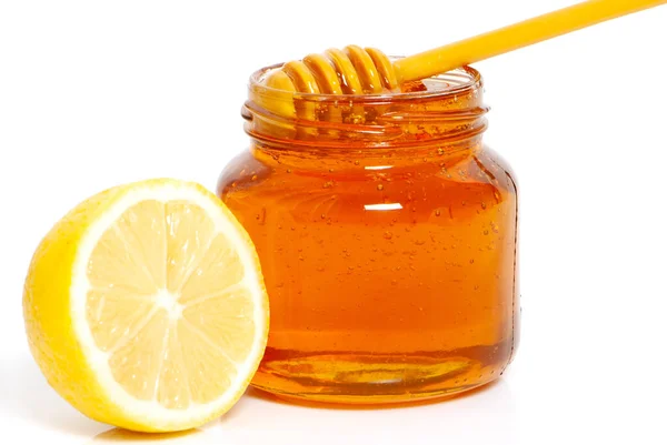 Bee Honey Glass Jar Honey Dipper Lemon — Stock Photo, Image