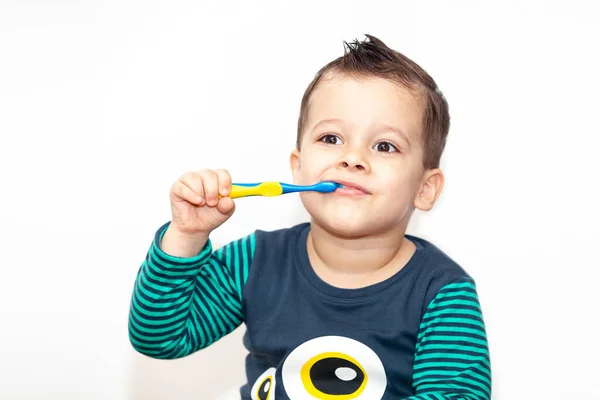 Little Kid Brushing His Teeth Smiling Happy Isolated White Background — Stock Photo, Image