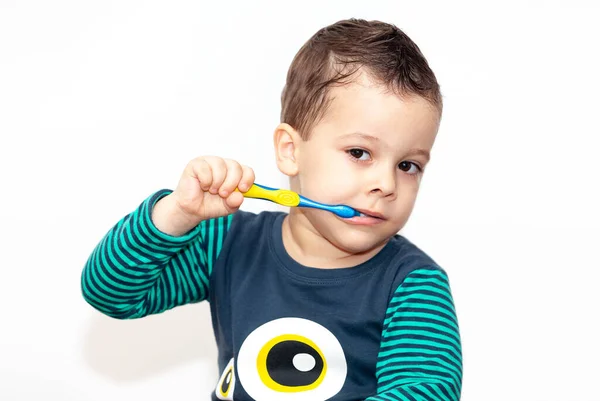 Pequena Criança Escovar Dentes Sorrindo Feliz Isolado Fundo Branco — Fotografia de Stock