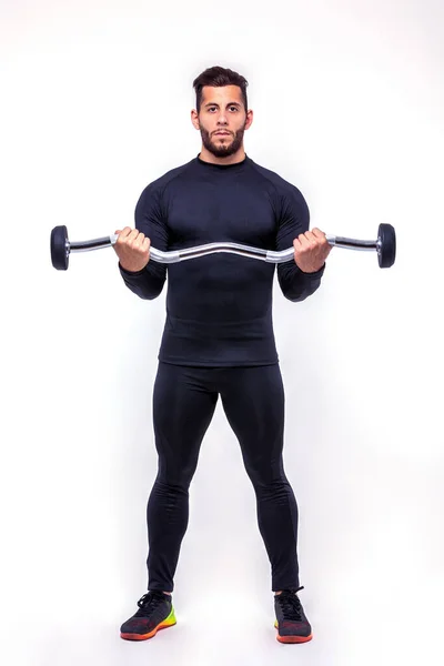 Homem Fitness Com Bar Esportes Fundo Leve — Fotografia de Stock