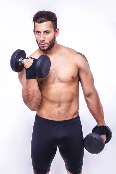 Homem Fitness Com Halteres Esportivos — Fotografia de Stock