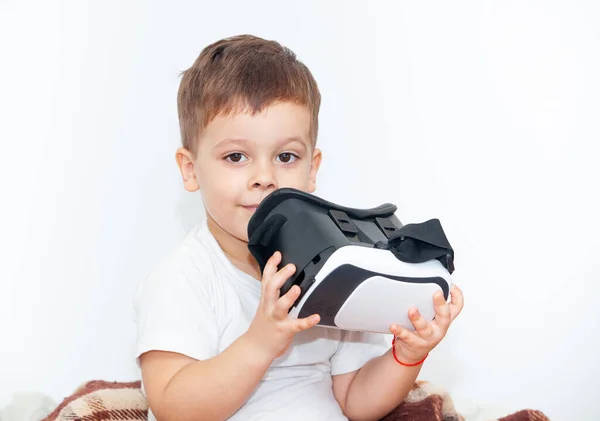 Little Boy Virtual Reality Glasses White Background — Stock Photo, Image