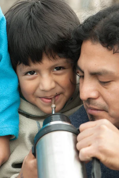 Portrait Little Boy Wiht Father Street Drinking Mate Stock Photo