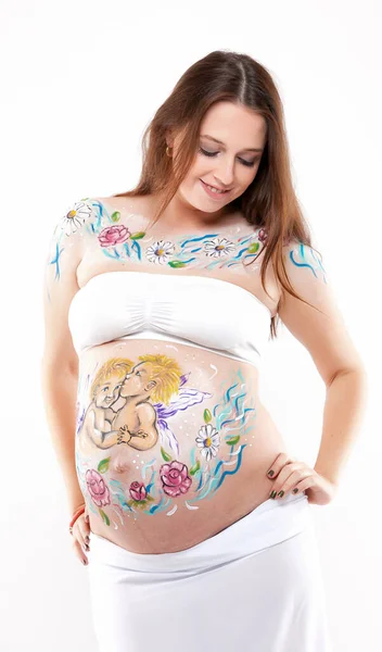 Happy Pregnant Woman Beautiful Pattern Her Stomach Stock Picture