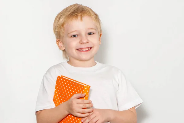 Kleine Schooljongen Een Lichte Achtergrond — Stockfoto