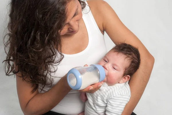 Portrait Baby Drinking Milk Her Bottle — Stock Photo, Image
