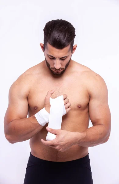 Sports Guy Elastic Bandage His Arm Royalty Free Stock Photos