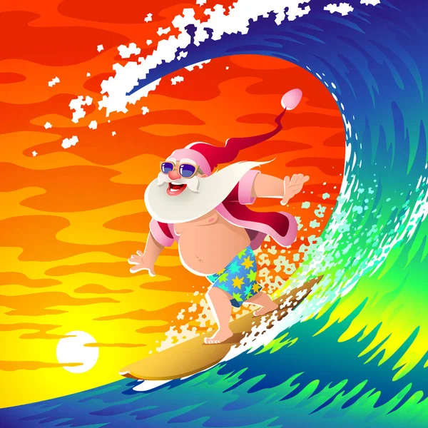 Happy Santa surfe sur une grosse vague . — Image vectorielle