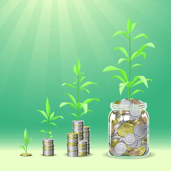 Coins stacks with a plants growing on the top. — Stock Vector