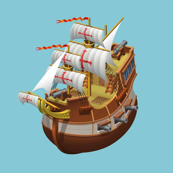 Galeone vela vecchia nave assonometrica vettoriale illustrazione — Vettoriale Stock