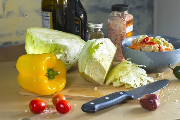 Cabbage Salad Cooking Table Various Vegetables Close — Stock Photo, Image