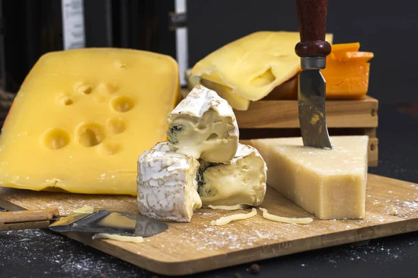 Varied Cheese Black Background Wooden Board Knife — Stock Photo, Image