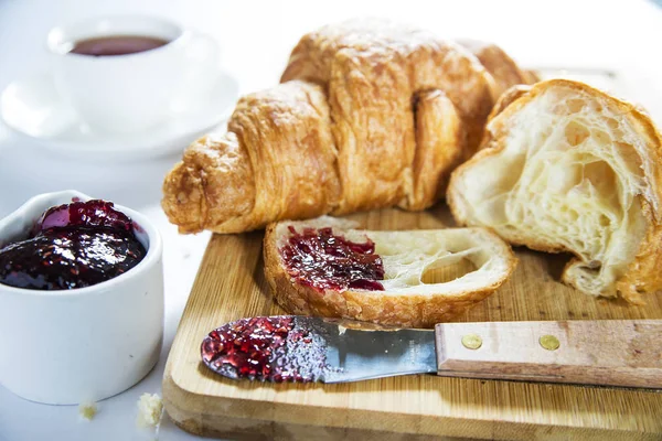 Croissant Morning Breakfast Tea Jam White Background — Stock Photo, Image