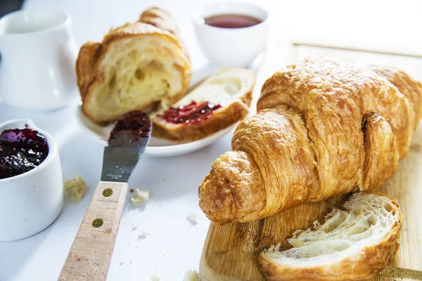 Croissant Morning Breakfast Tea Jam White Background — Stock Photo, Image