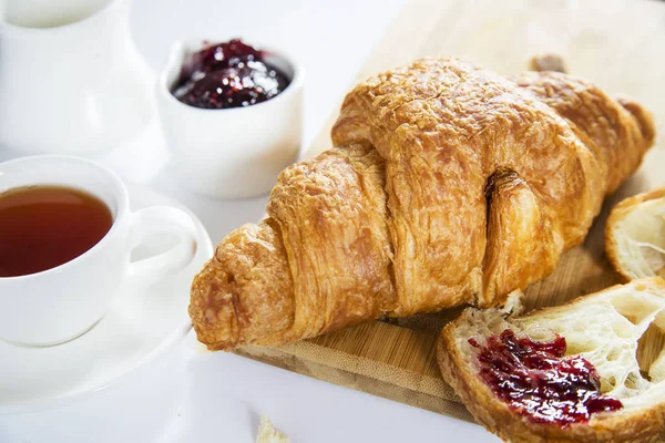 Croissant Morning Breakfast Tea Jam White Background — Stock Photo, Image