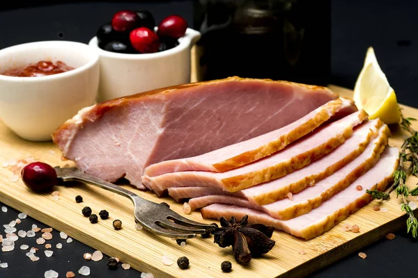 Pork Steak Carbonate Fillet Dark Background Meat Rosemary Seasonings Side — Stock Photo, Image