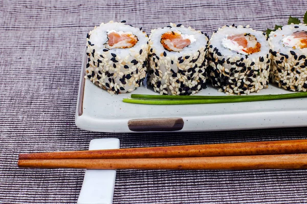 Japán Sushi Közelről Felülnézet — Stock Fotó