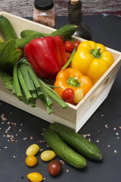 Different Fresh Vegetables Wooden Box — Stock Photo, Image