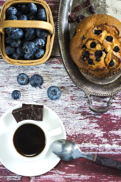 Blueberry Muffin Coffee Breakfast Vintage Background Top View — Stock Photo, Image