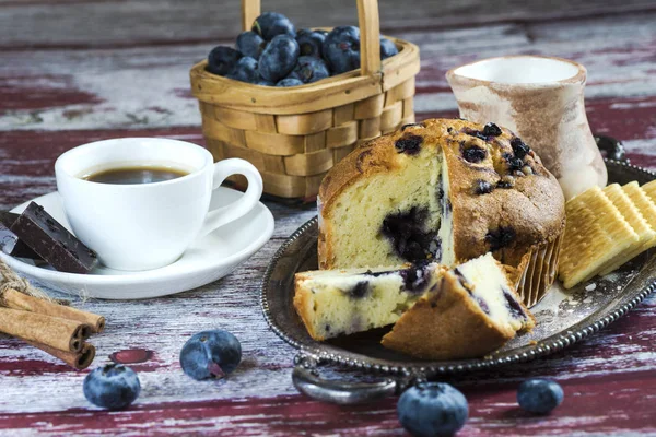 Blueberry Muffin Coffee Breakfast Vintage Background — Stock Photo, Image
