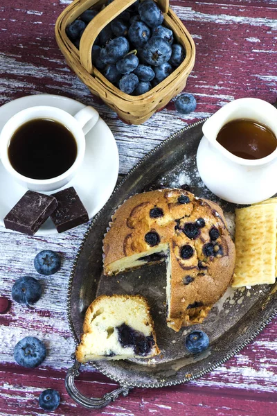 Blueberry Muffin Coffee Breakfast Vintage Background Top View — Stock Photo, Image