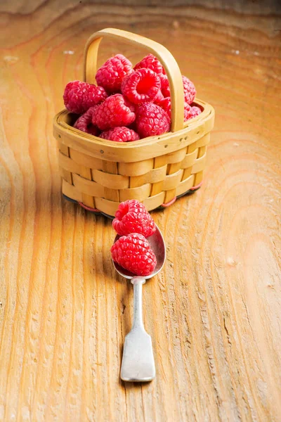 Raspberries Basket Wooden Background — Stock Photo, Image