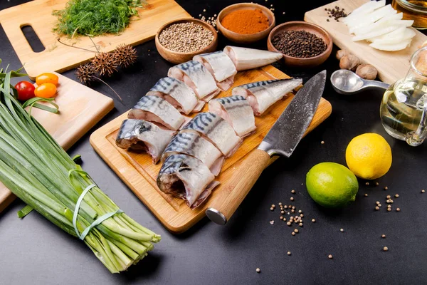 Pieces Fish Cutting Board Knife Spices — Stock Photo, Image