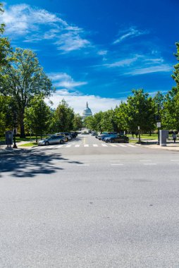 Başkent Washington 'da. Fotoğraf: 20 Eylül. Yeşil ağaçlar arasında Capitol yolu.