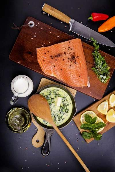 Fillet Red Fish Sauce Lemon Knife Top View — Stock Photo, Image